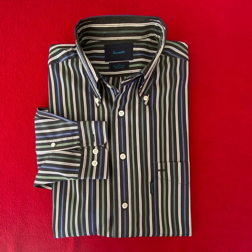 Faconnable Men Shirt Cotton Front Pocket Buttoned Collar L Green Gray Blue